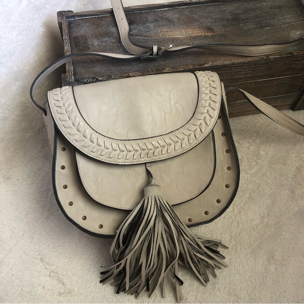 Steve Madden Nude Front Fringe Tassel Crossbody Saddle Bag